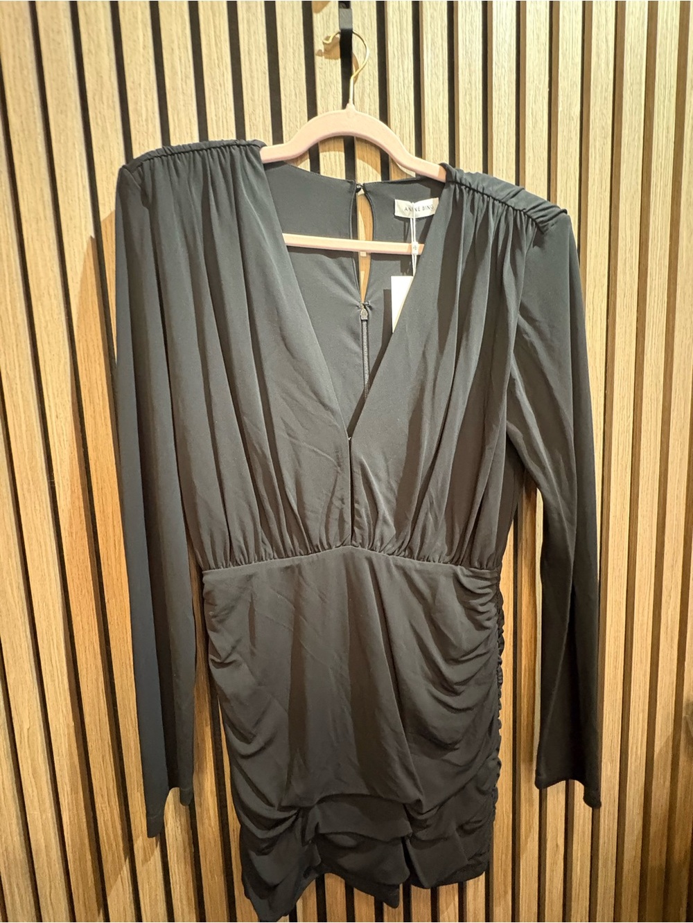 Anine Bing Black Long-Sleeve V-Neck Ruched Dress